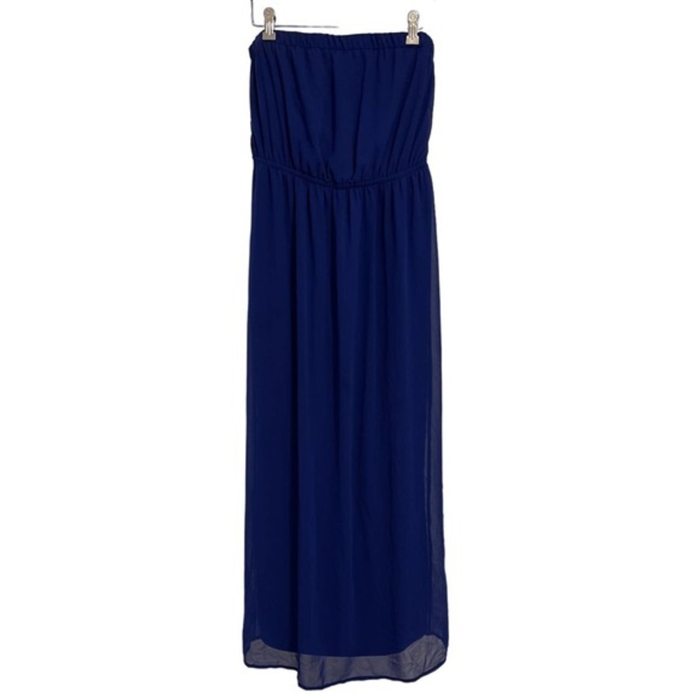 One Clothing Royal Blue Strapless Maxi Dress Chiffon Elastic Waist Large UR1734